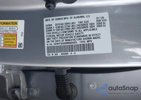 2021 Honda Pilot 2Wd Special Edition z USA, uszkodzony, nr VIN 5FNYF5H28MB004325